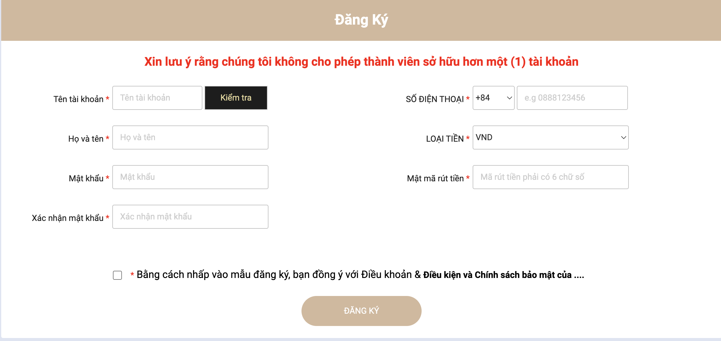 Điền thông tin vào form đăng ký tài khoản TOBET